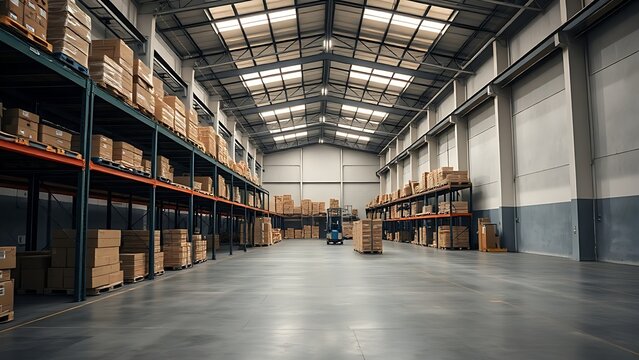 transmigration. Industrial warehouse interior with clean concrete floor and high ceiling. real-estate listings.