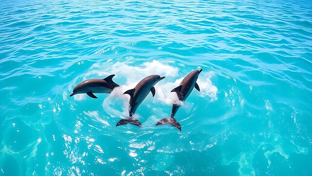 unanimity. Three dolphins leaping together in clear blue ocean water under sunlight. wildlife magazines, conservation campaigns, designed for eco-tourism storytelling, supports conservation.