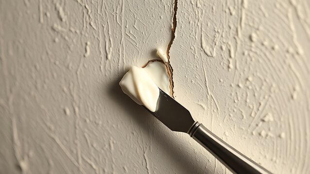 spackle. A putty knife spreading white paste over a crack on a textured wall. real-estate listings, architecture portfolios, designed for interior renovation comparisons for interiors.