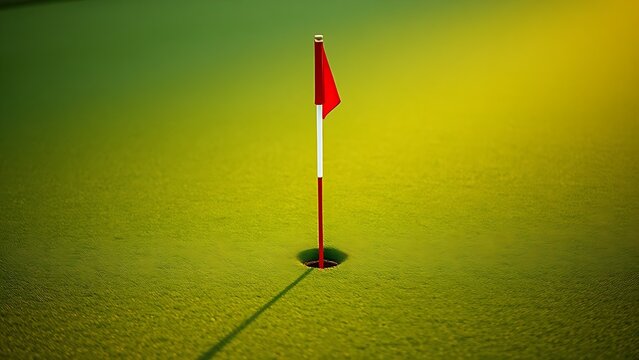 flagstick. A red and white flagstick on a green golf course in soft morning light. event key visuals, club posters, designed for sports event promotions and stadium branding.