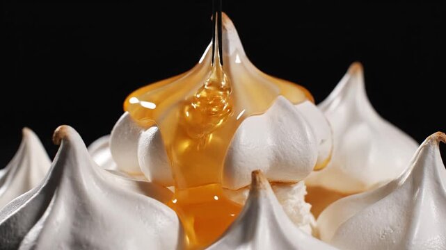 Close-up of fluffy meringue cookies drizzled with golden caramel sauce on a black background
