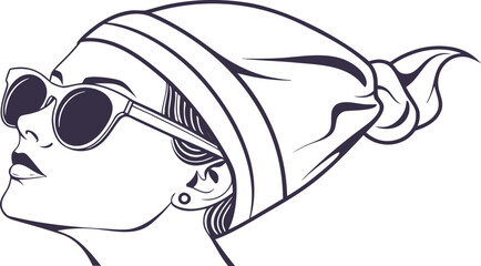 A profile portrait of a woman adorned in vintage sunglasses and a chic headscarf, exuding timeless style and grace. © S M Sajib