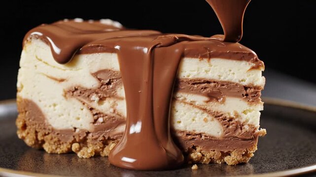 Decadent layered cheesecake with rich chocolate drizzle showing the creamy filling and crumbly crust in a close-up shot