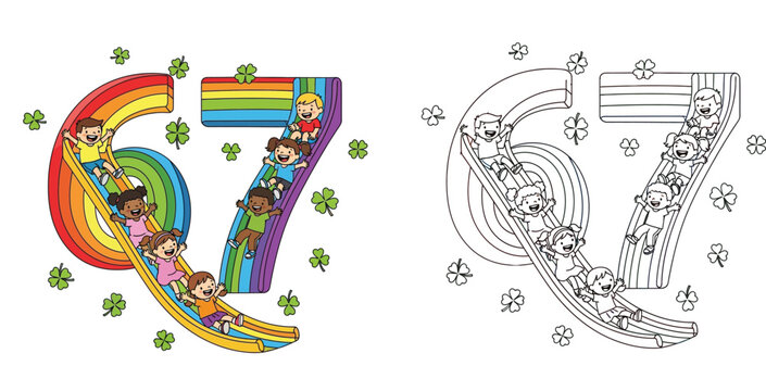 Cheerful Kids Sliding Down Number 67 Rainbow - Playful Celebration of Childhood and St. Patrick's Day Fun