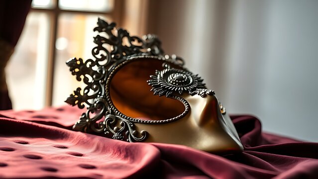 amrit. Ornate Venetian mask resting on dark velvet fabric, soft light highlighting its decorative details. event programs, museum guides, designed for cultural heritage projects and event programs.