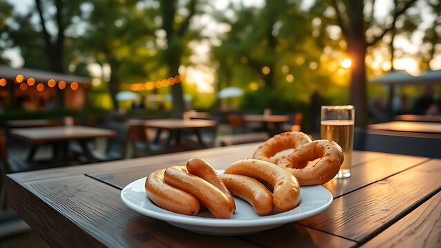 weisswurst. Beer garden table at dawn with weisswurst and pretzel on a white plate. bar promotions, beverage menus, designed for product packaging and bar promotions.
