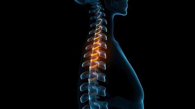 culpability. X-ray silhouette of a human spine with a subtle golden coil ascending within the vertebrae. STEM education sheets, lab safety posters, designed for biotech research communications.