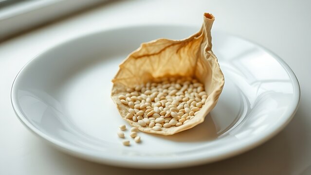 beniseed. A dried sesame pod split open on a white plate, revealing tiny seeds. gardening catalogs, home-decor guides, designed for home decor and floral branding, used by chefs.