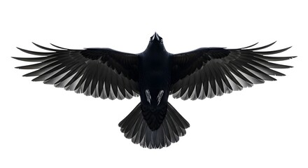 Fototapeta premium Majestic black crow in flight with outstretched wings isolated on white