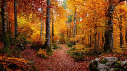 Autumn forest with colorful trees, a path, and fallen leaves