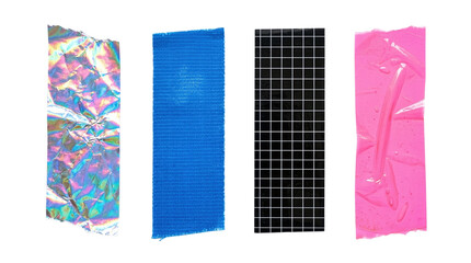 Collection of holographic blue grid and neon pink sticky tape strips on a transparent background