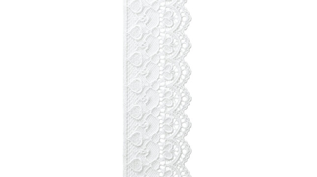 Delicate scalloped white lace border trim on a transparent background