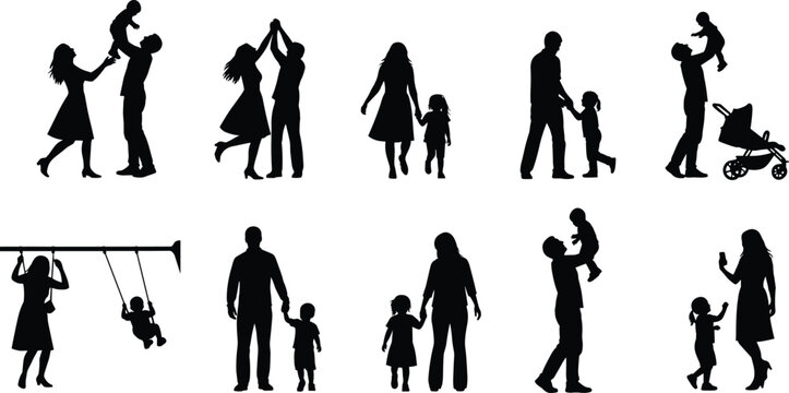 Family silhouettes, parents with children, walking, playing, lifting, stroller, swing, bonding, parenting, childhood, care, love, vector illustration, clipart, design, outline