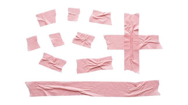 Collection of crumpled pink masking tape strips and cross shape on a transparent background