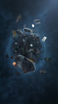 A swirling vortex of diverse objects and emotive symbols amidst dark clouds