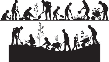 Silhouettes of people gardening and planting in a garden setting shovels © Sabbir Art Express