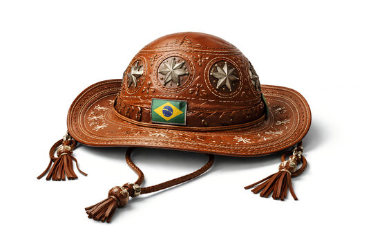 Traditional national hat from Brazil -leather cangaceiro hat representing authentic cultural heritage and craftsmanship.A small sewn fabric label featuring the Brazil national flag.