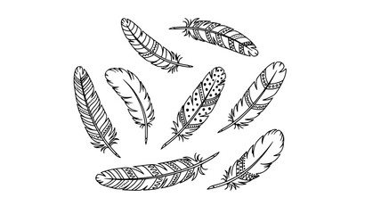 Boho hand drawn feather doodle set with seven decorative bird feathers in whimsical line art isolated on white background © Rimu