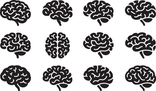 Twelve black and white brain in various perspectives medical science