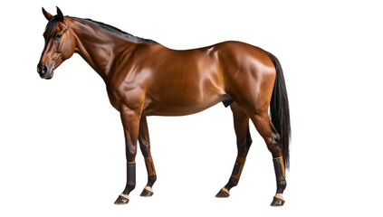 Obraz premium A high-resolution, full-color photograph of a beautiful bay horse standing with its head slightly lowered and tail black against a white background