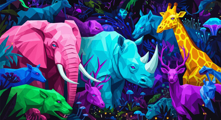 Vector illustration of colorful safari animals, elephant, rhino, giraffe, jungle wildlife © Design