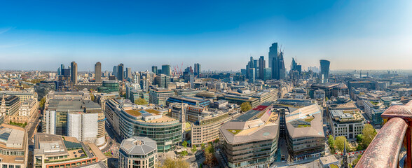 Aerial view with the city skyline of London, England, UK