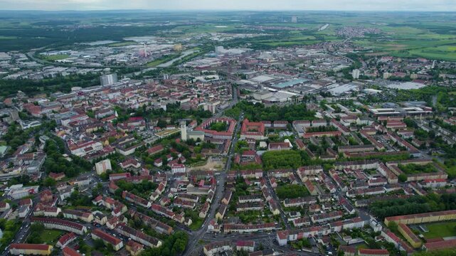 Aerial panoramic view beside the old town of the city Schweinfurt in Germany, Bavaria on a cloudy spring noon