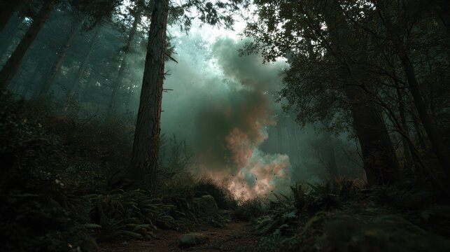 smoke and explosion visible deep inside woodland, wide cinematic forest scene