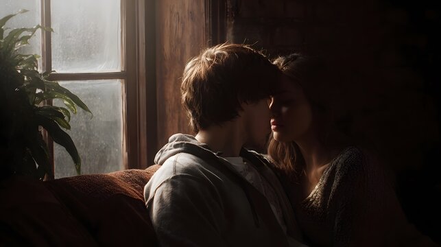 Young couple sharing an intimate moment near a window bathed in soft natural light