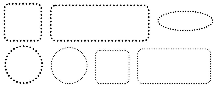 Minimal dotted border frame set with geometric shapes including circle, oval and rounded rectangles. Clean dashed outline elements, for placeholders, templates, guides and modern graphic design.
