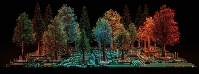 Digital Forest Created with Circuit Boards Showcasing Nature's Beauty Merged with Technology