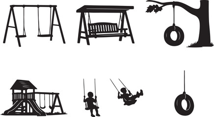 Fototapeta premium Collection of different swing silhouettes playground swing set