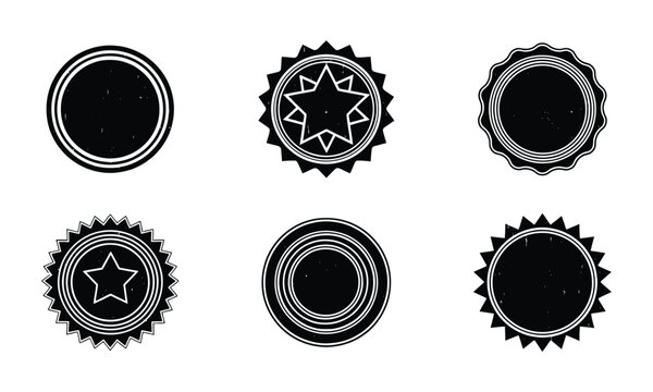 Black circular retro badge collection with star motifs and vintage sunburst frames for stamps and product labels