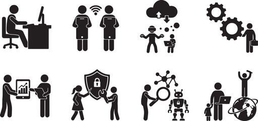 Black silhouettes of business people and technology icons © GraphicGrove