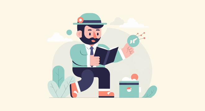 A cartoon man wearing a hat reads a book and holds a circular object