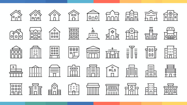 A collection of various building outlines is displayed including houses churches castles and commercial structures in a linear style high quality professional detailed modern elegant stylish