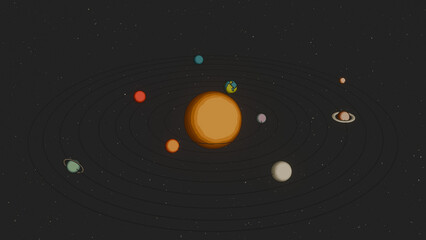 Stylized of a solar system with a central sun and orbiting planets in a flat style against a dark starry background © Samia