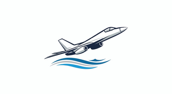 Sleek fighter jet soars above stylized blue and gray waves