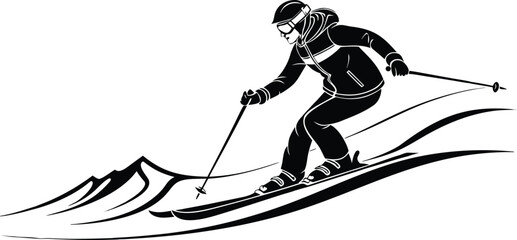 A skier elegantly carves down a snowy mountain slope, capturing the essence of winter sports. © sm.vector