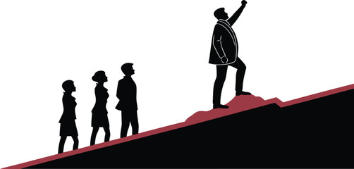  A leader stands atop a red peak, silhouetted against the backdrop, inspiring the team to climb up a dark mountain to pursue their aim. © sm.vector