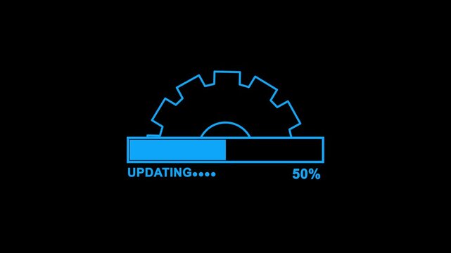 Loading bar animation with software update and settings icons. Smooth animated progress bar showing upload or update process with spinning settings gear symbol. High quality 4K motion graphics 