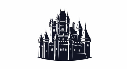 Obraz premium Stylized dark silhouette of a grand, multi-turreted castle against a white background