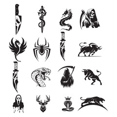 Vector Set of Mythical Creatures, Animals, and Dark Symbols
