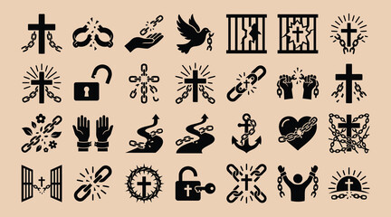 Set of black silhouettes representing freedom and religion on beige background