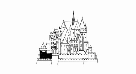 Fototapeta premium Detailed black and white line drawing of an elaborate, multi-towered castle with crenellated walls