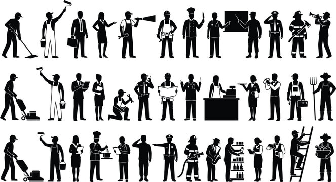 Different profession workers silhouettes collection construction teacher police chef painter cleaner farmer musician occupation people set isolated vector illustration