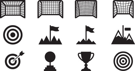 Black and white of sports and adventure symbols including goals, targets, mountains, and trophies