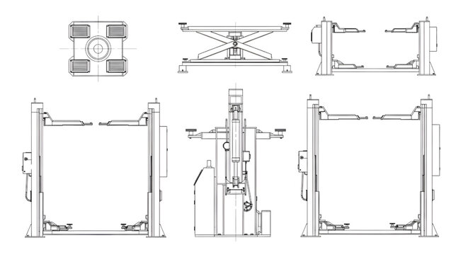 Car Lift Service AutoCAD Blueprint Vector &ndash; Automotive Garage Hydraulic Lift Multi-View Technical Drawing Black Outline Isolated on White
