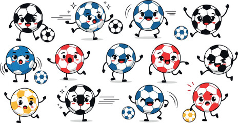 Cute cartoon soccer ball characters collection with funny football mascots playing sport vector illustration set