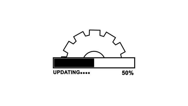 Loading bar animation with software update and settings icons. Smooth animated progress bar showing upload or update process with spinning settings gear symbol. High quality 4K motion graphics 